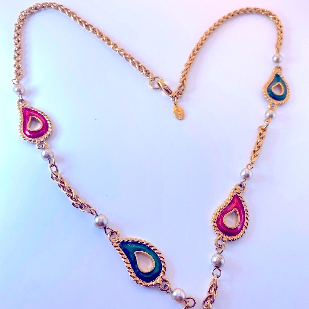 Kenneth J Lane Gold Tone Red Green Enamel Teardrop Necklace 24” Beaded Accents